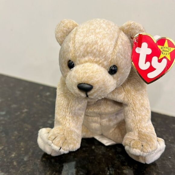 TY Beanie Baby Almond the Beige Bear 1999 Babies Plush Doll Shiny Black Eyes - Picture 1 of 13